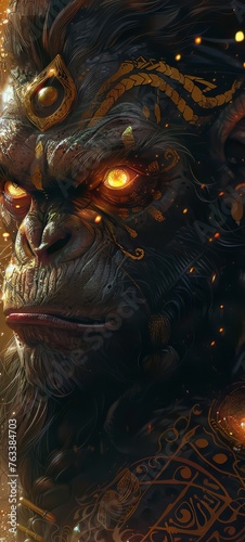 A close-up of Hanuman, with glowing eyes and mystical tattoos, set against a backdrop of ancient runes and starlight