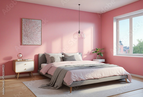 Illustration of modern bedroom with pink walls  created with 