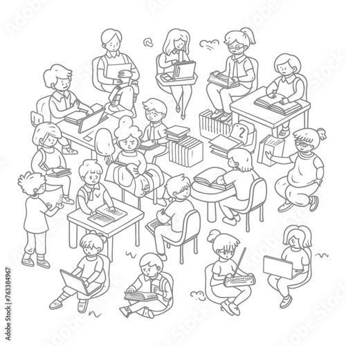 Outline illustration for positive learning situations in the classroom at school