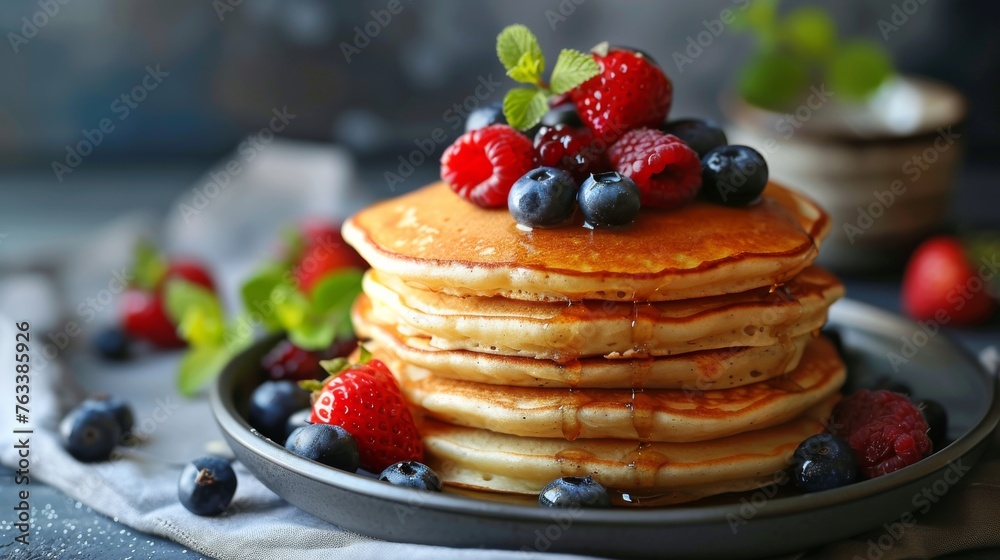 Pancakes with berries and honey syrup,background, banner, Pancakes with berries and honey syrup,background, banner,