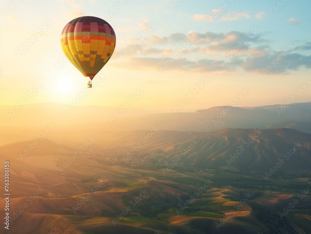 Fototapeta premium Majestic Hot Air Balloon Soaring Over Breathtaking Hills at Sunrise
