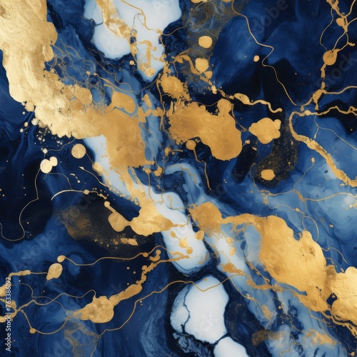 A detailed closeup of a liquid blue and gold marble texture