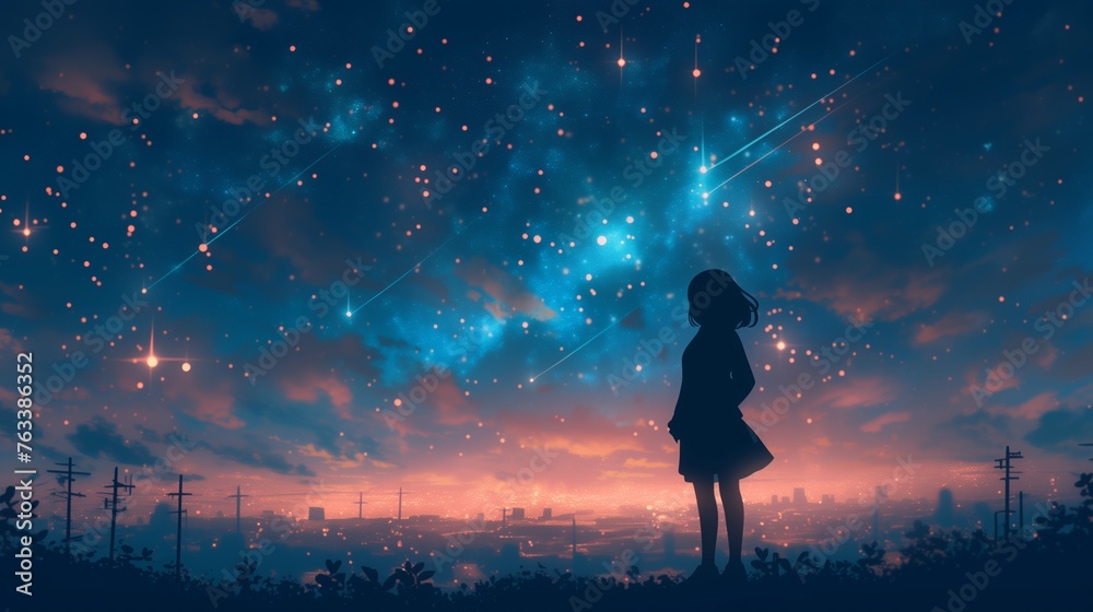 Silhouette of a girl against a night sky painted with star trails and city lights