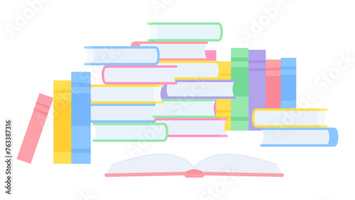 読みかけの開いた本と積まれた本のイラスト_フラット