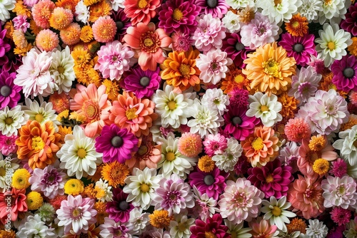 Handcrafted flower wall background adorned with vibrant red, orange, pink, purple, green, and white chrysanthemum flowers