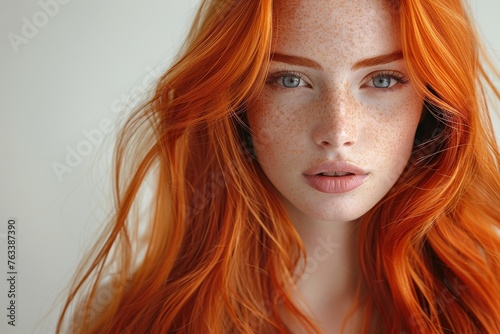 young woman with long silky straight orange brown hair isolated on white background Hair color for the beauty salon industry, color styles,close-up portrait of Hair orange color woman.