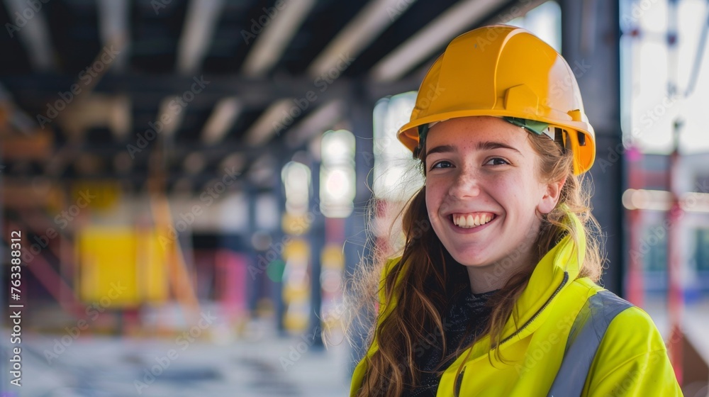 Female construction worker with a joyful smile in safety gear at industrial site. Young professional in yellow hard hat and reflective vest at a construction zone. Female construction worker with a joyful smile in safety gear at industrial site. Young professional in yellow hard hat and reflective vest at a construction zone.