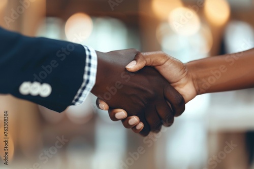 Close-up handshake between professionals on business deal. African business associates sealing a deal with a handshake. Corporate agreement signified with a handshake between professionals. © Irina.Pl