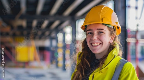Female construction worker with a joyful smile in safety gear at industrial site. Young professional in yellow hard hat and reflective vest at a construction zone.