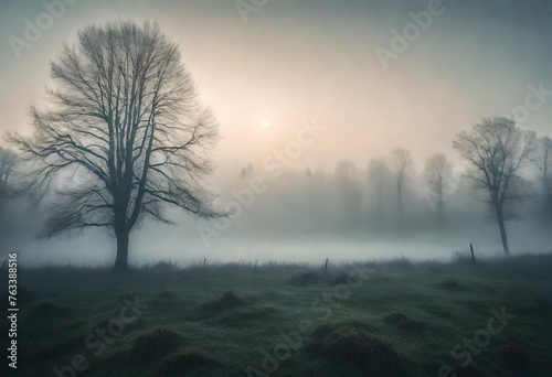 landscape blanketed in thick fog, where distant trees and rolling hills fade into soft, ethereal silhouettes © Amelia Alex