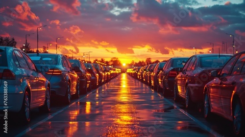 Sunset hues over parked cars in lot showing end of day traffic. Vibrant sunset over parking lot filled with cars in urban area. Evening light reflecting on cars parked in a busy lot at dusk.