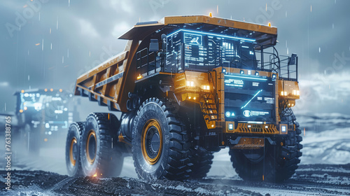 Rugged mining trucks navigating dusty trails under the veil of cloudy skies photo