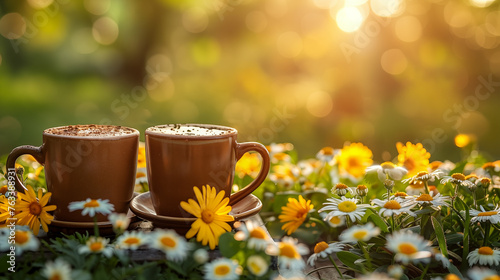 Two cups of cappuccino or latte coffee on wooden table in garden with daisy flowers.