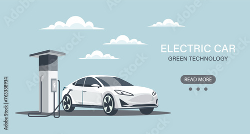 Modern electric car at a charging station. Green technology. Illustration, banner. Vector