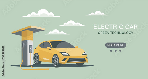 Modern electric car at a charging station. Green technology. Illustration, banner. Vector © Tatiana