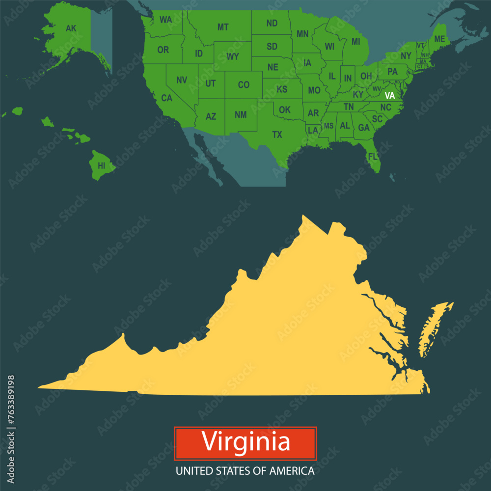 Obraz premium United States of America, Virginia state, map borders of the USA Virginia state.