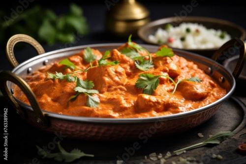 Tasty chicken tikka masala on a slate plate against an antique mirror background