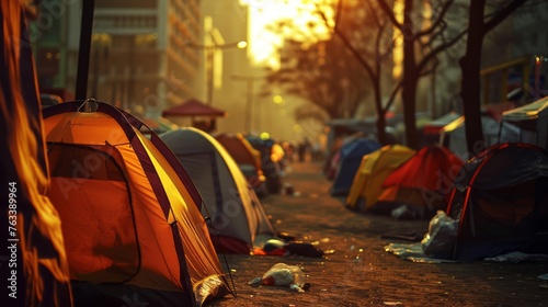 Sunlit homeless camp situated on the fringes of the city, a stark reminder of societal challenges