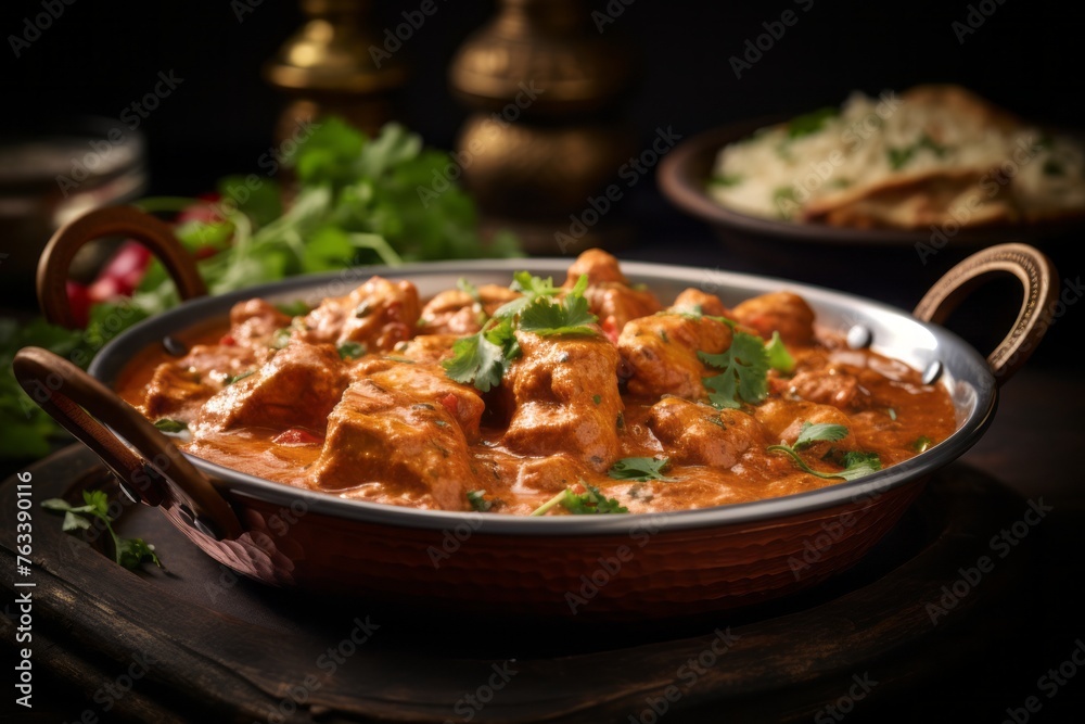 Tasty chicken tikka masala on a slate plate against an antique mirror background Tasty chicken tikka masala on a slate plate against an antique mirror background