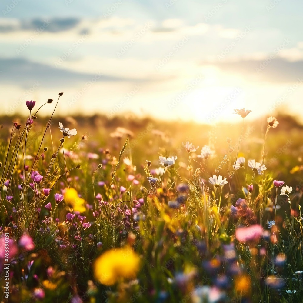 Tranquil Sunset Over Vibrant Wildflower Meadow, Nature's Serenity