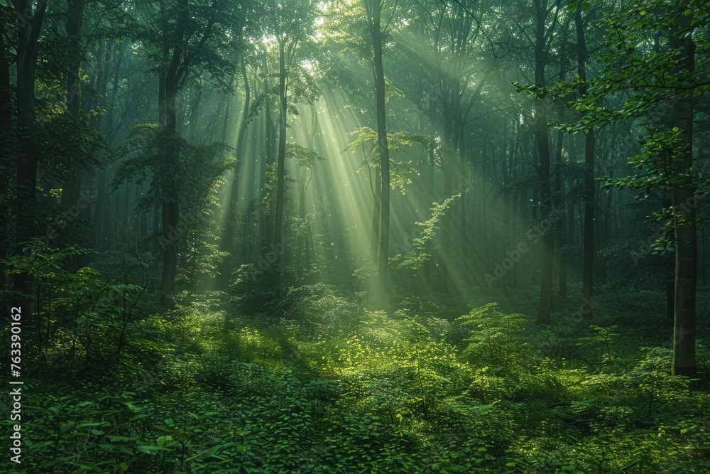 Shafts of light pierce the canopy of a dense forest, illuminating the undergrowth in a verdant glade.