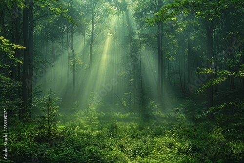 Shafts of light pierce the canopy of a dense forest, illuminating the undergrowth in a verdant glade.