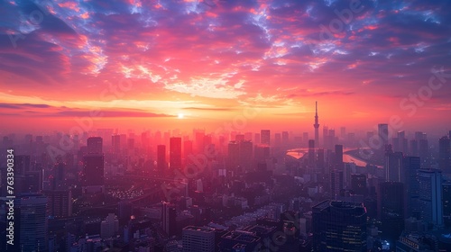 Dawn's illumination casting its glow upon the modern metropolis from above