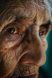 Close-up of the face of an elderly woman with deep wrinkles Generative AI