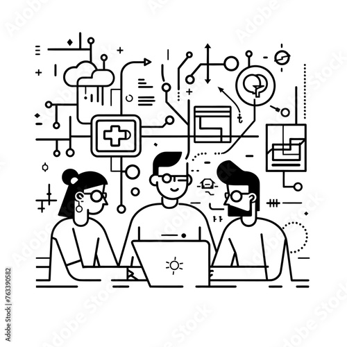 Outline illustration for Positive Workplace culture for company employees teamwork