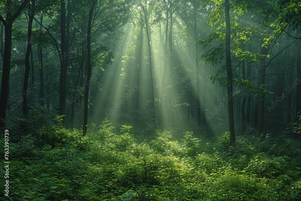 Obraz premium Shafts of light pierce the canopy of a dense forest, illuminating the undergrowth in a verdant glade.