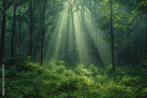 Shafts of light pierce the canopy of a dense forest  illuminating the undergrowth in a verdant glade.