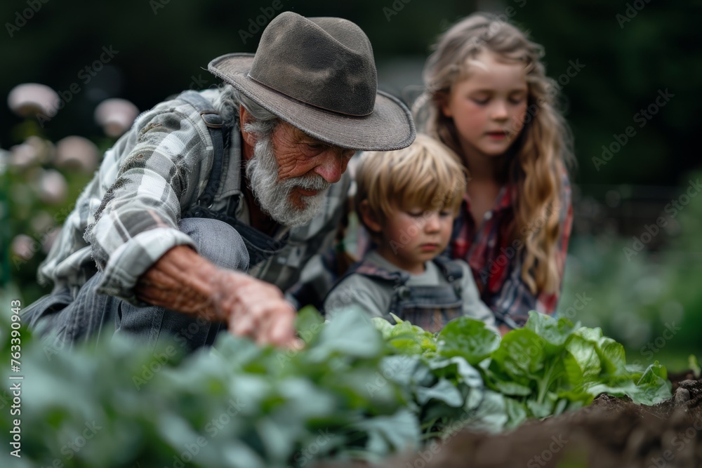 An older man in a hat teaches gardening to a young boy and girl amidst green lettuce in the garden.