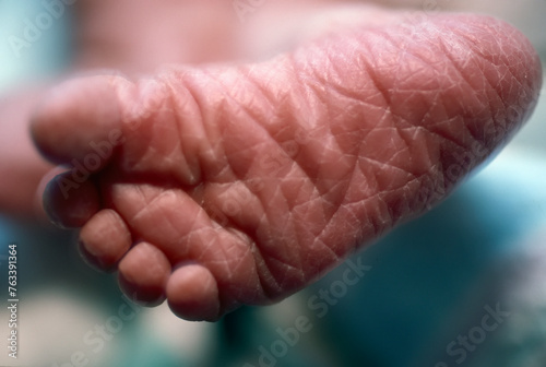 Close view of the bottom of a newborn baby's foot; Mystic, Connecticut, United States of America