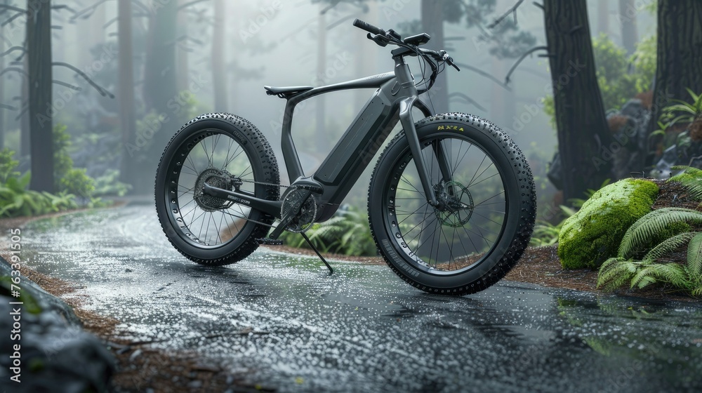 A matte black electric mountain bike with large front wheels is parked on a road in a foggy forest. Intricate patterns of intertwined tree bark and lush green trees covered in moss.