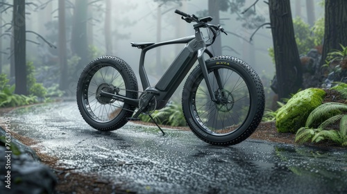 A matte black electric mountain bike with large front wheels is parked on a road in a foggy forest. Intricate patterns of intertwined tree bark and lush green trees covered in moss.