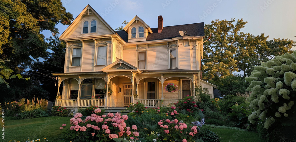 The front view of a pale lemon-colored Colonial Revival house in Cleveland, illuminated by the soft afternoon sun, with delicate pink and white flowers in the front yard