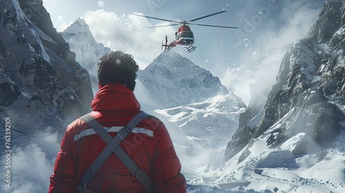 A red and white helicopter flew over the summit of Everest, led by an ambulance wearing high-tech mountaineering gear. A member of the rescue team was seen from behind, looking up at him. photo