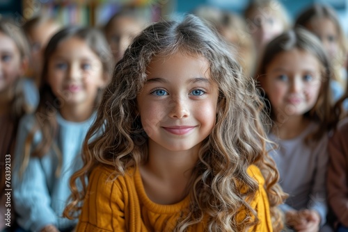 Curly-haired girl with blue eyes smiling, surrounded by her peers.