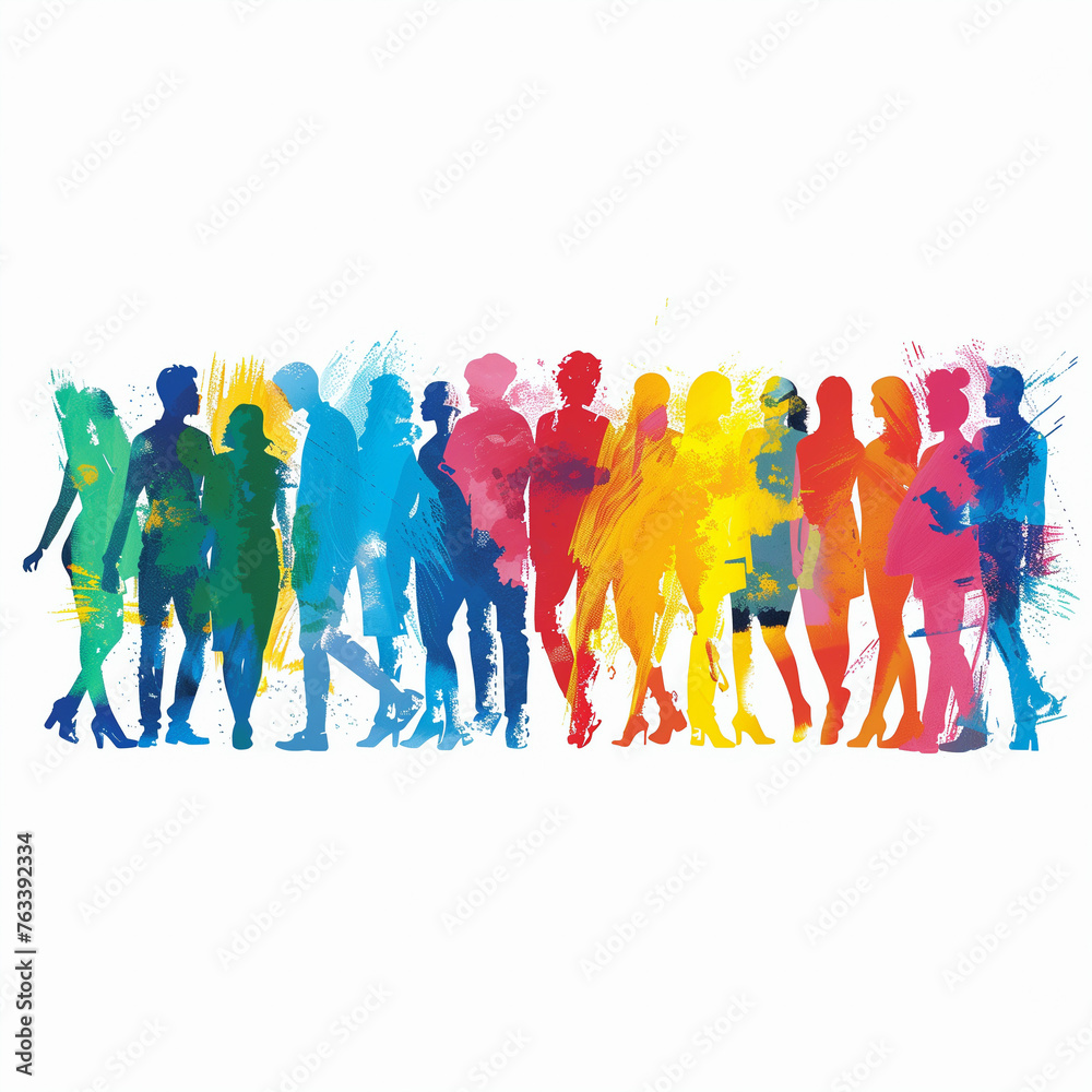 Colorful watercolor silhouette of young diverse people in a row on white background. Social community.