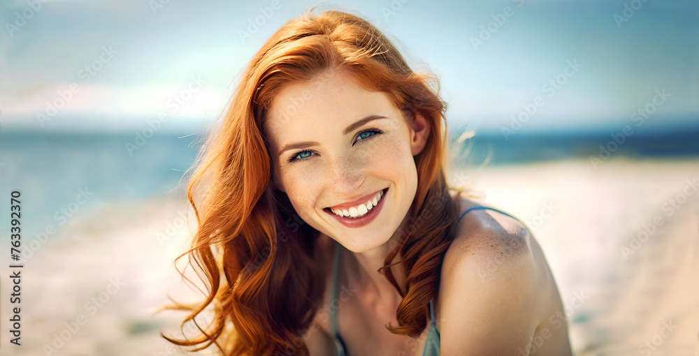 Primer plano de una mujer pelirroja. Chica sonriente en la playa. Mujer en una playa tomando el sol. Persona disfrutando de la playa en un momento de vacaciones.