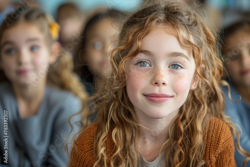A young girl with blue eyes and curly red hair, smiling in a classroom.