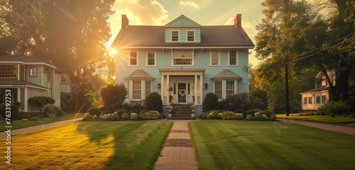 The inviting front of a pale blue Colonial Revival house in Cleveland, standing proud under a golden hour sky, with a neatly paved walkway leading up to it