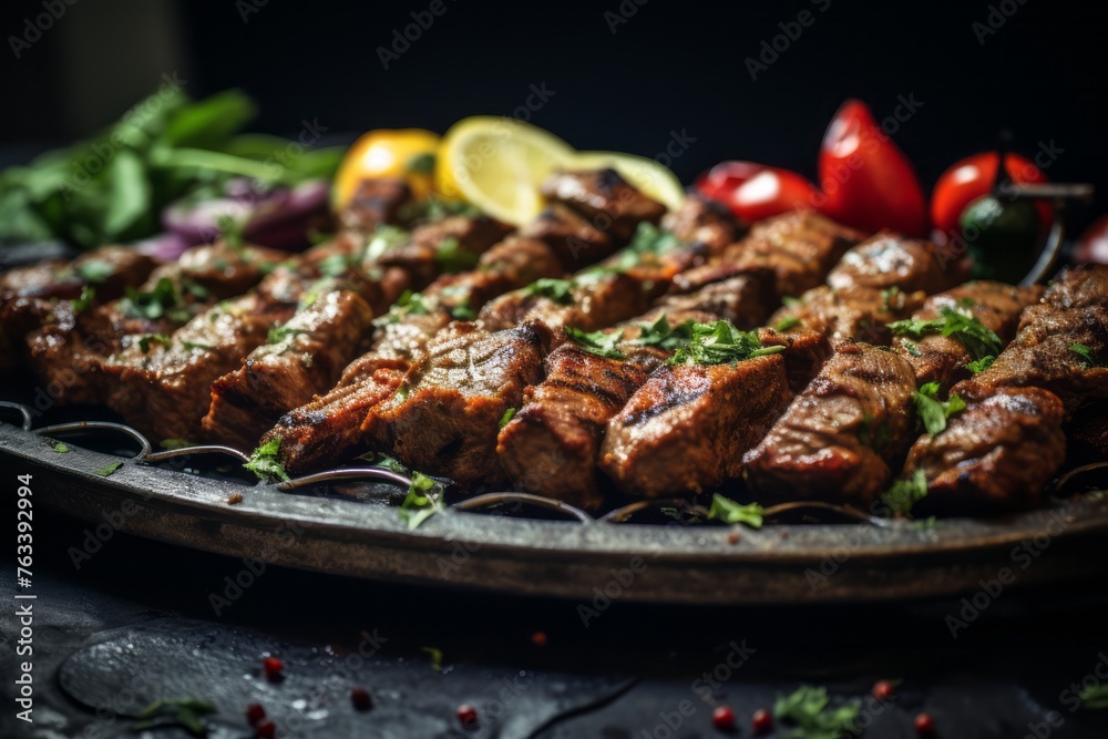 Hearty kebab on a metal tray against a ceramic mosaic background