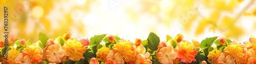 Floral Indian garland toran of marigold flowers and mango leaves on blurred background. Decoration for hindu holidays. Banner for Ugadi, Gudi Padva, Hindu New Year, Diwali, Onam Pongal with copy space