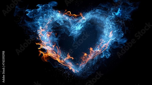 Fire flame blue heart shape isolated on black background