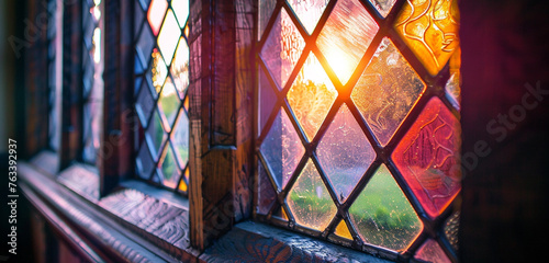 The leaded glass windows of a Tudor Craftsman house, reflecting the sunset in hues of teal and magenta, diverging from the traditional clear and colored glass