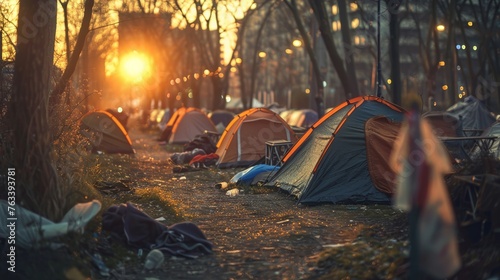 Sunlit homeless camp situated on the fringes of the city  a stark reminder of societal challenges