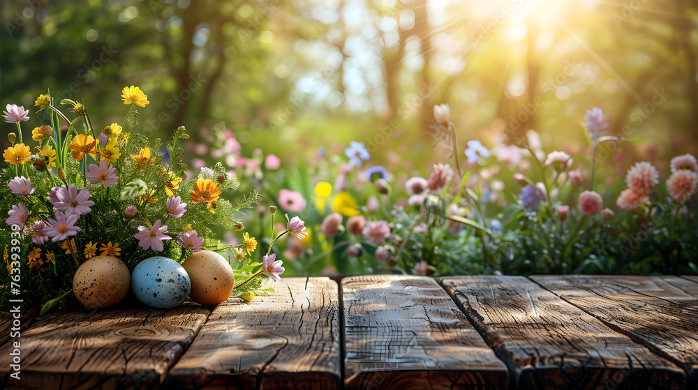 A festive Easter or spring-themed display with colorful flowers and eggs on a wooden table, perfect for seasonal decoration and celebration. - obrazy, fototapety, plakaty 