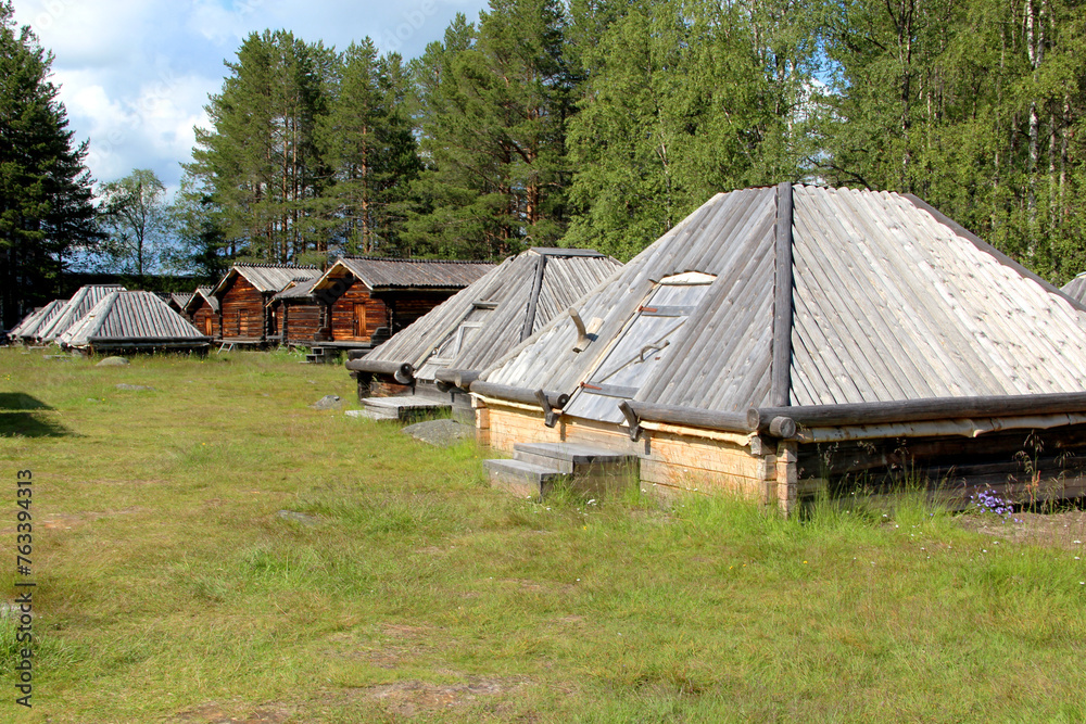 Old village with wooden houses in Sweden. Abandoned village