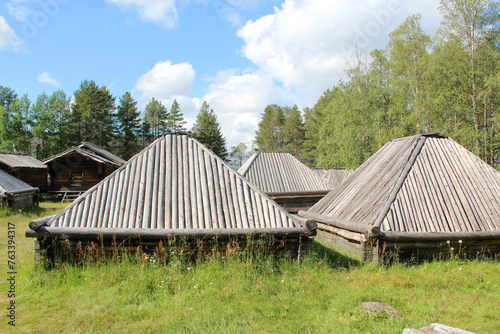 Old village with wooden houses in Sweden. Abandoned village